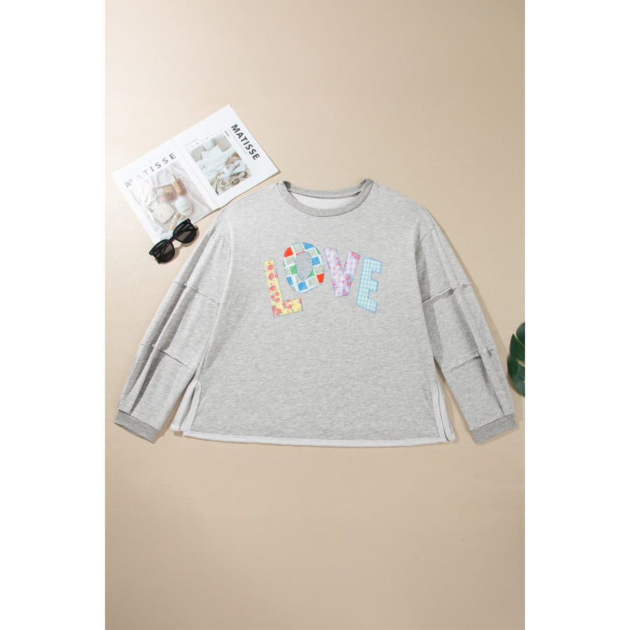 Light Grey Long Sleeve Patch Embroidery Tunic Plus Size Blouse Plus Size/Plus Size Tops/Plus Size Long Sleeve Tops