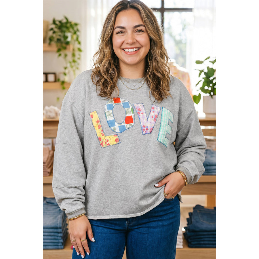 Light Grey Long Sleeve Patch Embroidery Tunic Plus Size Blouse Plus Size/Plus Size Tops/Plus Size Long Sleeve Tops