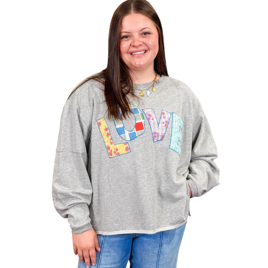Light Grey Long Sleeve Patch Embroidery Tunic Plus Size Blouse Plus Size/Plus Size Tops/Plus Size Long Sleeve Tops