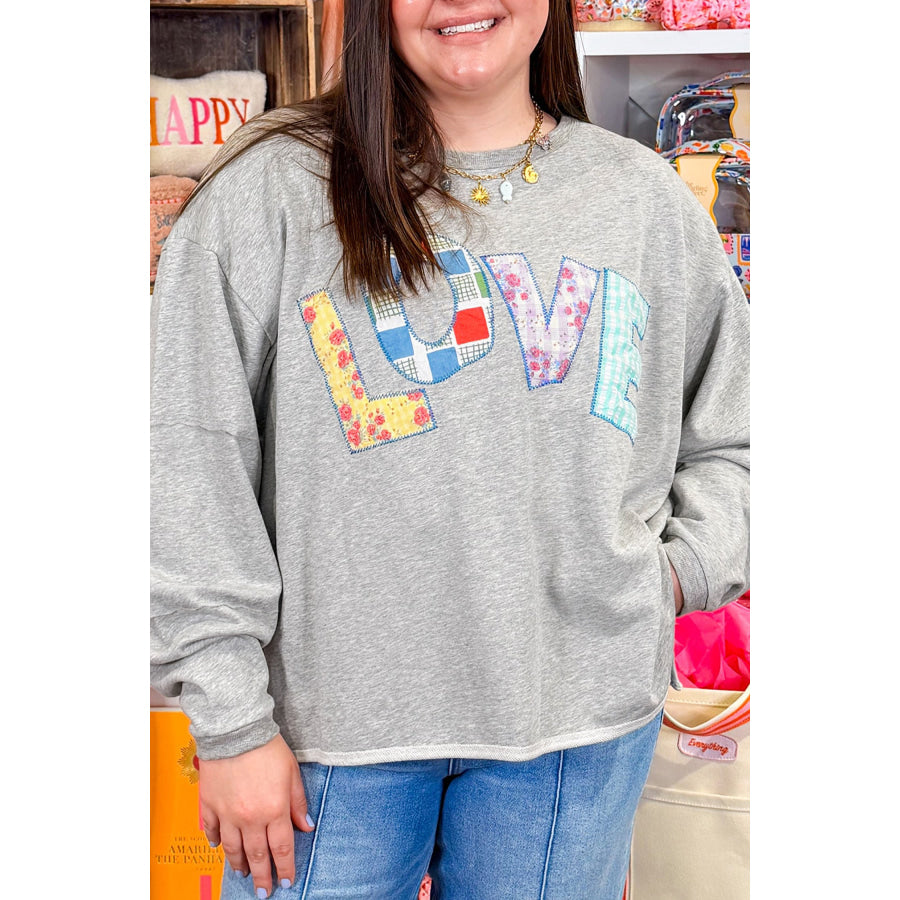 Light Grey Long Sleeve Patch Embroidery Tunic Plus Size Blouse Plus Size/Plus Size Tops/Plus Size Long Sleeve Tops