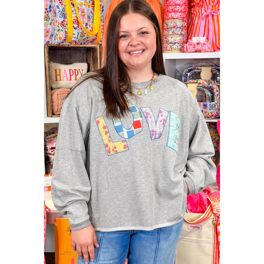 Light Grey Long Sleeve Patch Embroidery Tunic Plus Size Blouse Plus Size/Plus Size Tops/Plus Size Long Sleeve Tops