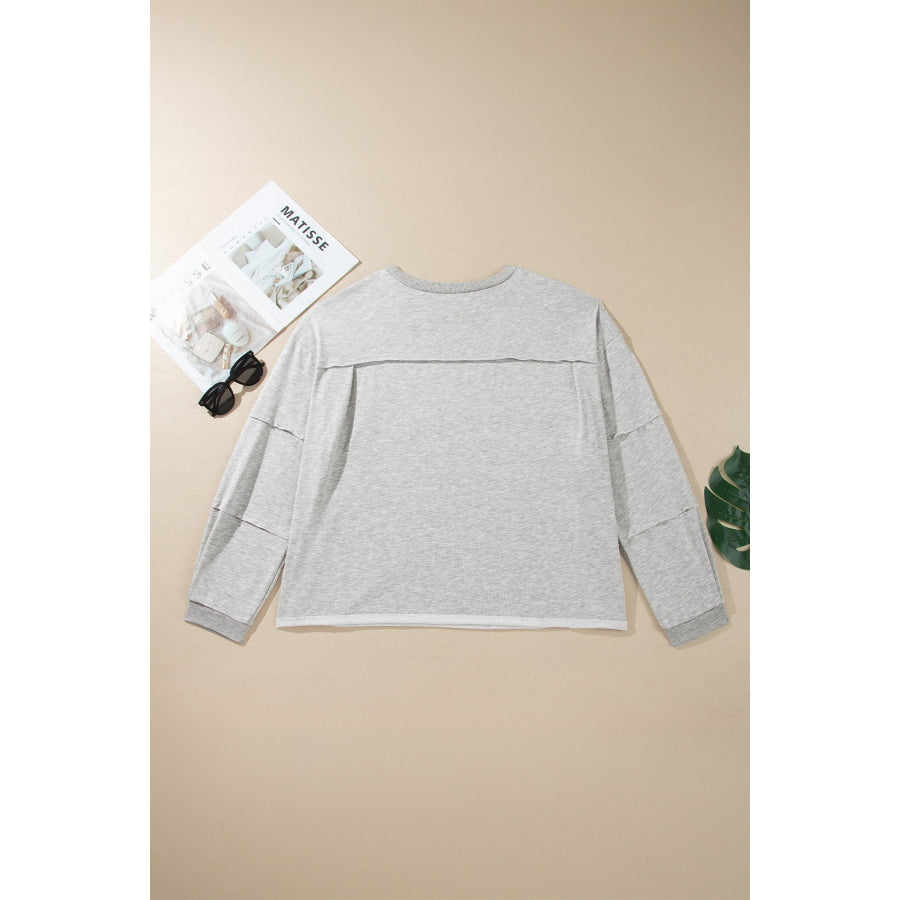 Light Grey Long Sleeve Patch Embroidery Tunic Plus Size Blouse Plus Size/Plus Size Tops/Plus Size Long Sleeve Tops