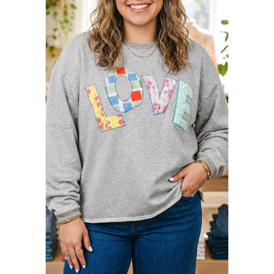 Light Grey Long Sleeve Patch Embroidery Tunic Plus Size Blouse Plus Size/Plus Size Tops/Plus Size Long Sleeve Tops