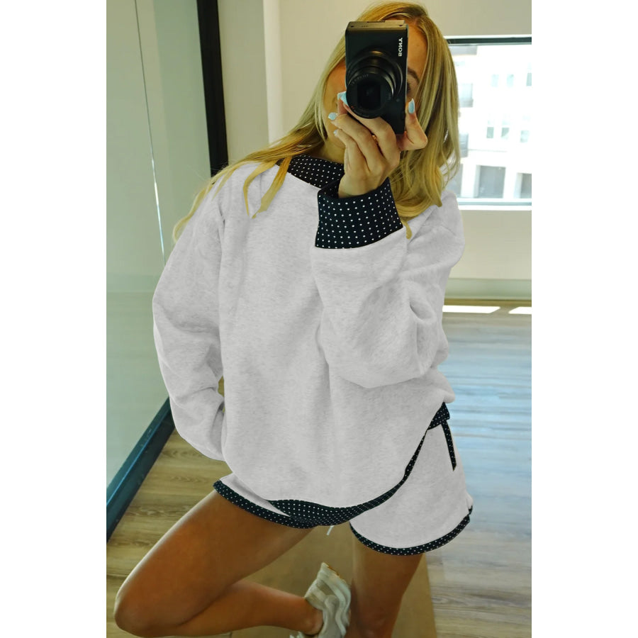 Light Grey Polka Dot Patchwork Mock Neck Pullover Casual Shorts Set Two Piece Sets/Short Sets