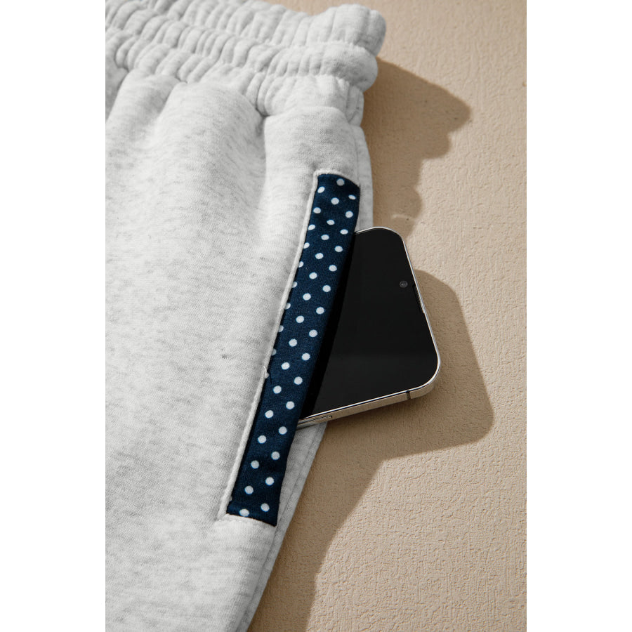 Light Grey Polka Dot Patchwork Mock Neck Pullover Casual Shorts Set Two Piece Sets/Short Sets