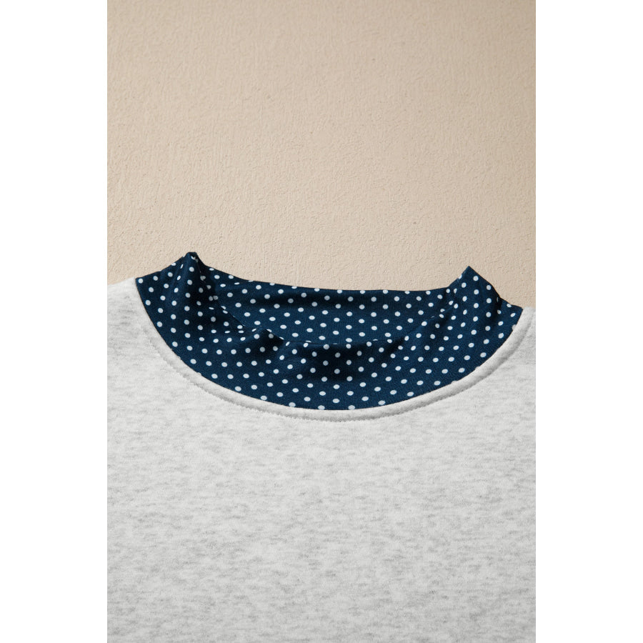 Light Grey Polka Dot Patchwork Mock Neck Pullover Casual Shorts Set Two Piece Sets/Short Sets