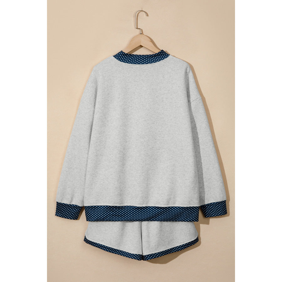 Light Grey Polka Dot Patchwork Mock Neck Pullover Casual Shorts Set Two Piece Sets/Short Sets