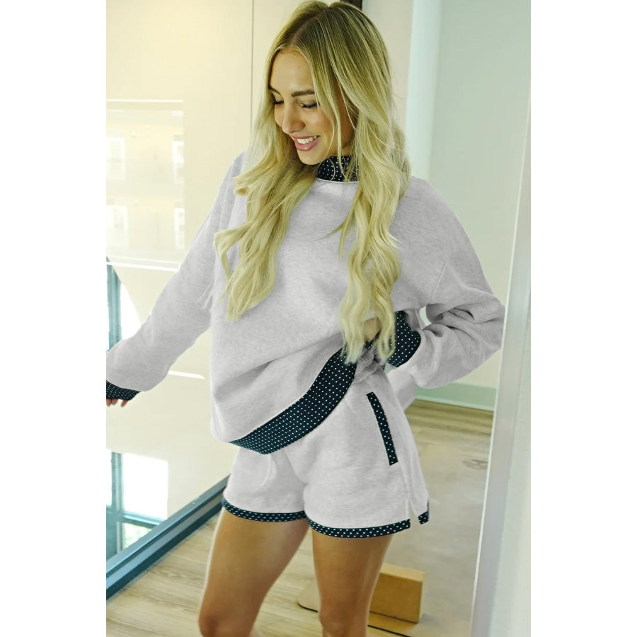Light Grey Polka Dot Patchwork Mock Neck Pullover Casual Shorts Set Two Piece Sets/Short Sets