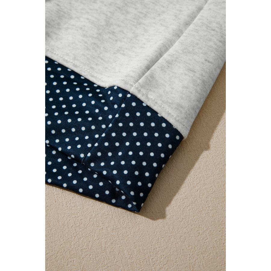 Light Grey Polka Dot Patchwork Mock Neck Pullover Casual Shorts Set Two Piece Sets/Short Sets