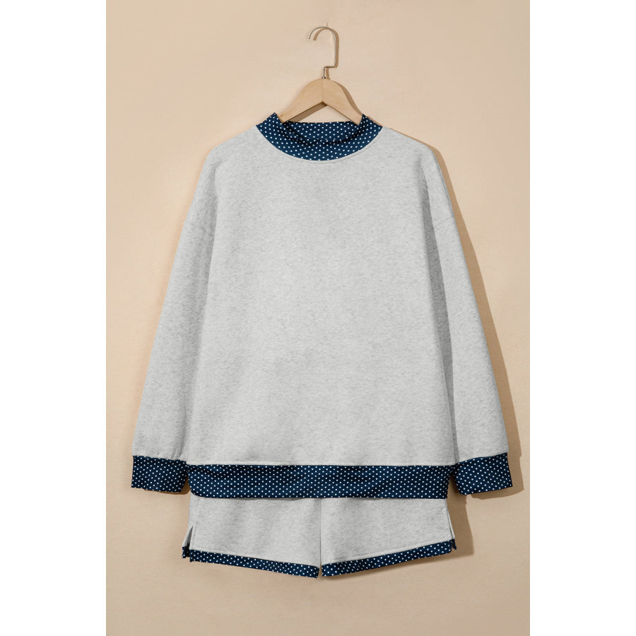 Light Grey Polka Dot Patchwork Mock Neck Pullover Casual Shorts Set Two Piece Sets/Short Sets