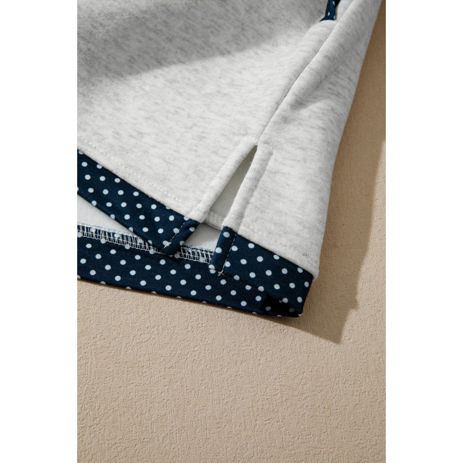 Light Grey Polka Dot Patchwork Mock Neck Pullover Casual Shorts Set Two Piece Sets/Short Sets