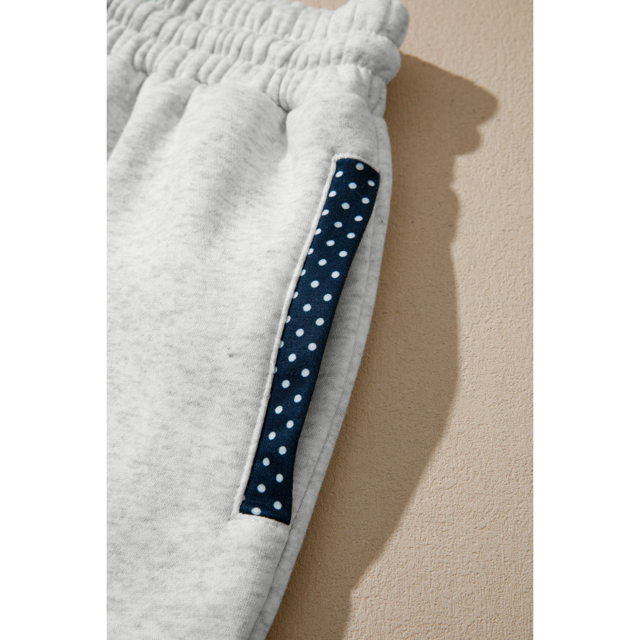 Light Grey Polka Dot Patchwork Mock Neck Pullover Casual Shorts Set Two Piece Sets/Short Sets