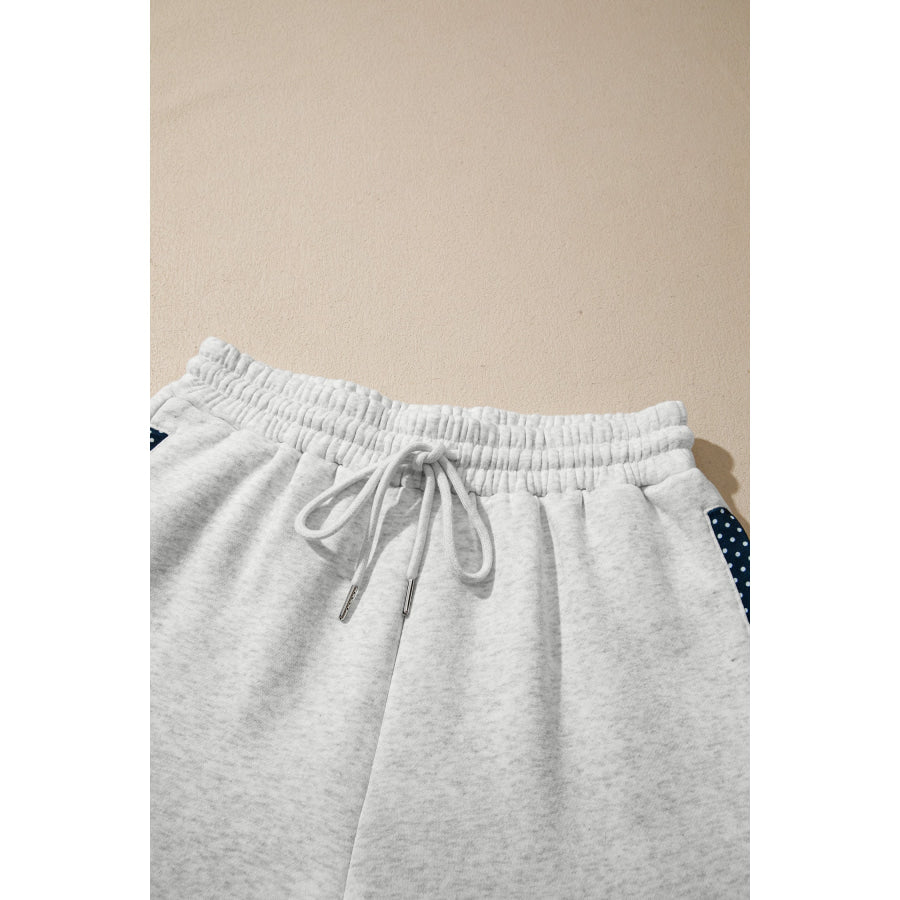 Light Grey Polka Dot Patchwork Mock Neck Pullover Casual Shorts Set Two Piece Sets/Short Sets