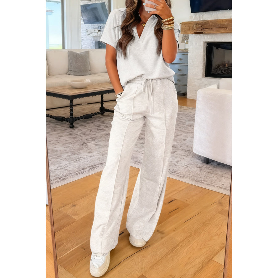 Light Grey Polo Tee Casual Pant Set Light Grey / S / 50% Polyester + 43% Viscose + 7% Elastane Two Piece Sets/Pant Sets