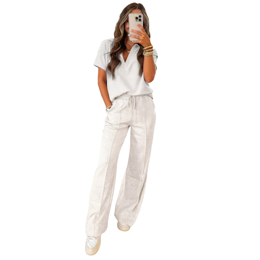 Light Grey Polo Tee Casual Pant Set Two Piece Sets/Pant Sets