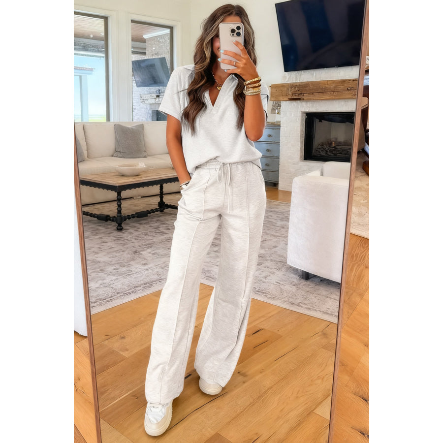 Light Grey Polo Tee Casual Pant Set Two Piece Sets/Pant Sets
