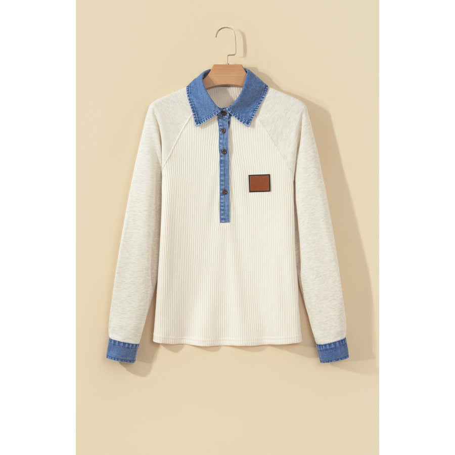 Light Grey Ribbed Denim Colorblock Detail Button Collar Long Sleeve Top Tops/Long Tops