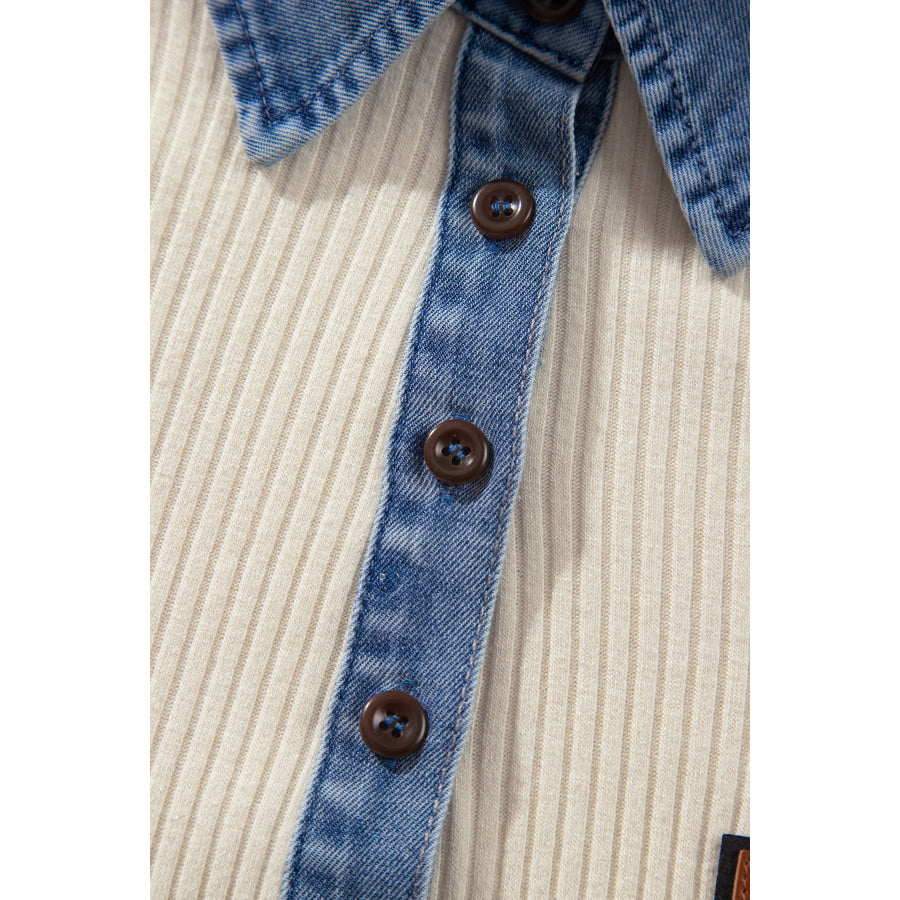 Light Grey Ribbed Denim Colorblock Detail Button Collar Long Sleeve Top Tops/Long Tops