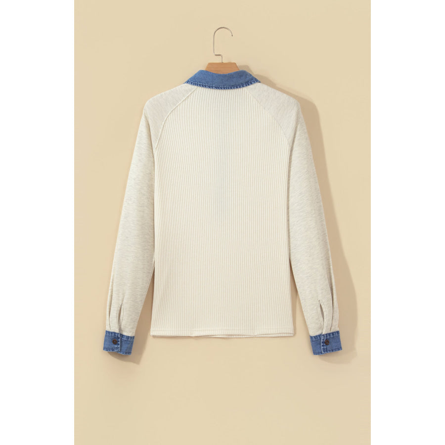 Light Grey Ribbed Denim Colorblock Detail Button Collar Long Sleeve Top Tops/Long Tops