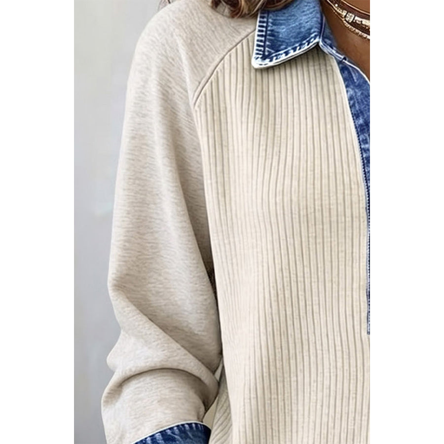 Light Grey Ribbed Denim Colorblock Detail Button Collar Long Sleeve Top Tops/Long Tops