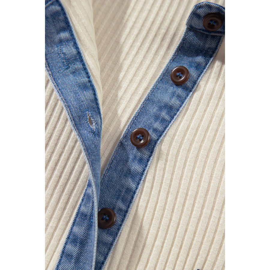 Light Grey Ribbed Denim Colorblock Detail Button Collar Long Sleeve Top Tops/Long Tops