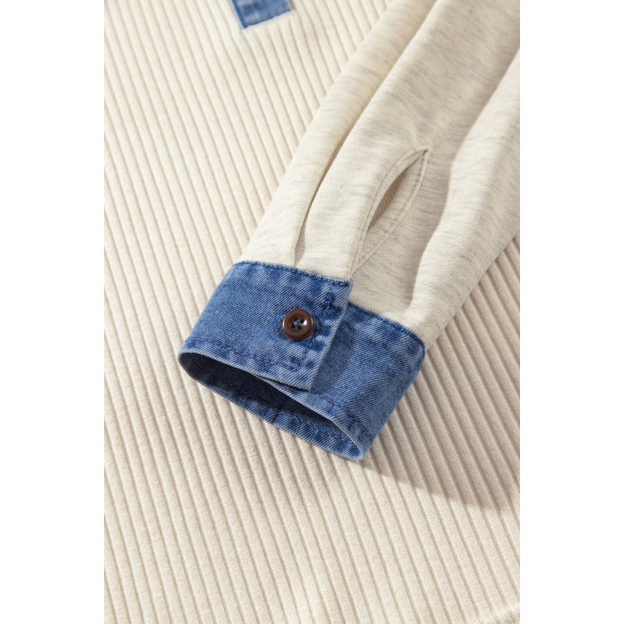 Light Grey Ribbed Denim Colorblock Detail Button Collar Long Sleeve Top Tops/Long Tops