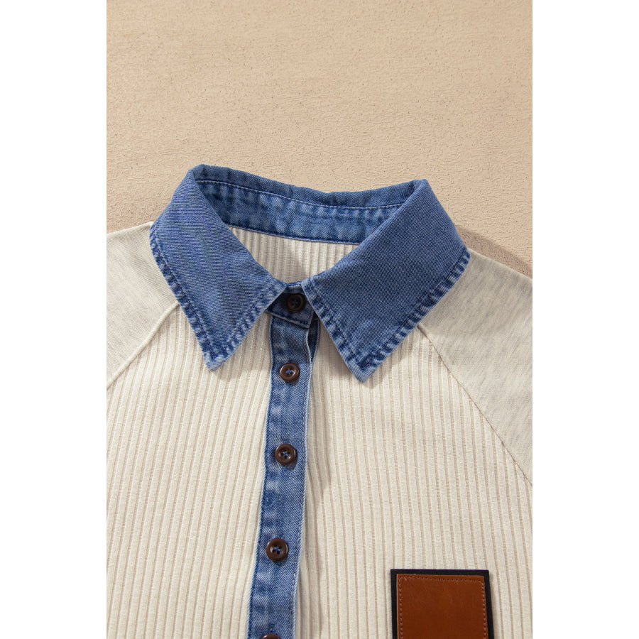 Light Grey Ribbed Denim Colorblock Detail Button Collar Long Sleeve Top Tops/Long Tops