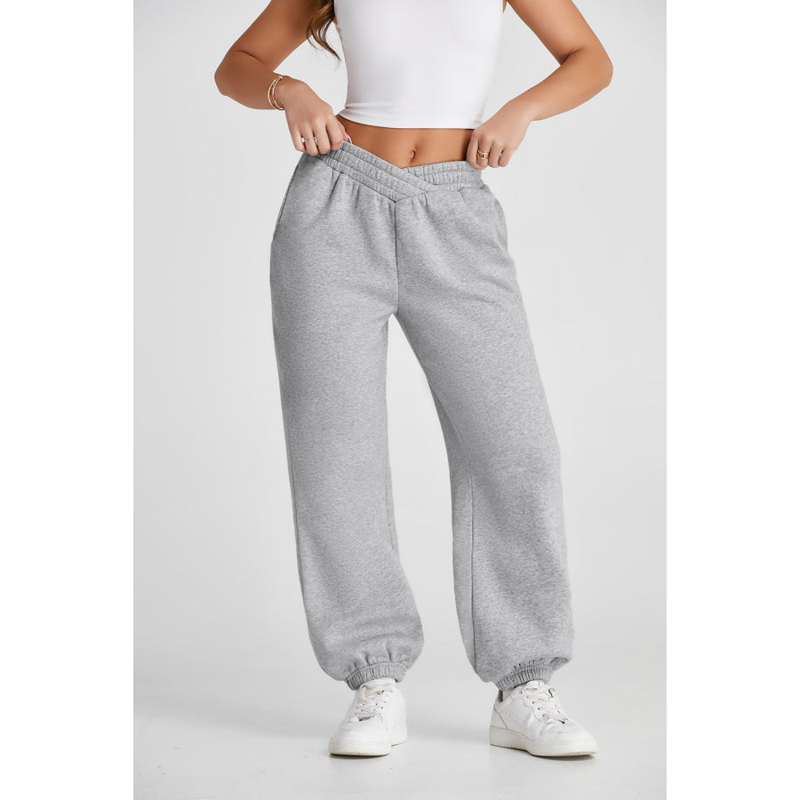 Light Grey Solid Color Crisscross Elastic Waist Sweatpants Bottoms/Pants & Culotte