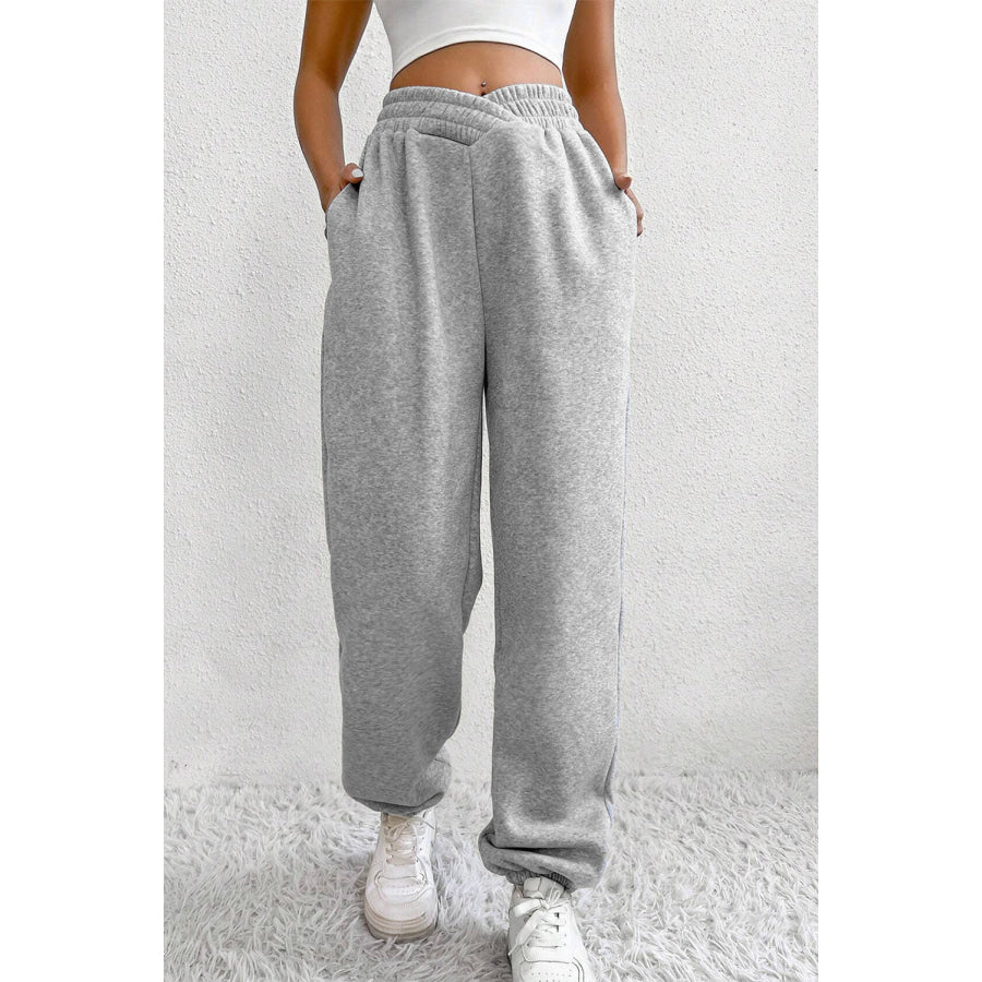 Light Grey Solid Color Crisscross Elastic Waist Sweatpants Bottoms/Pants & Culotte
