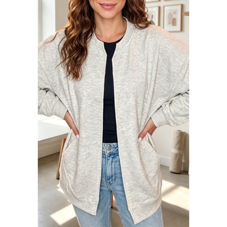 Light Grey Solid Color Zip Front Jacket Style Sweatshirt Light Grey / S / 50% Polyester + 43% Viscose + 7% Elastane Tops/Sweatshirts &