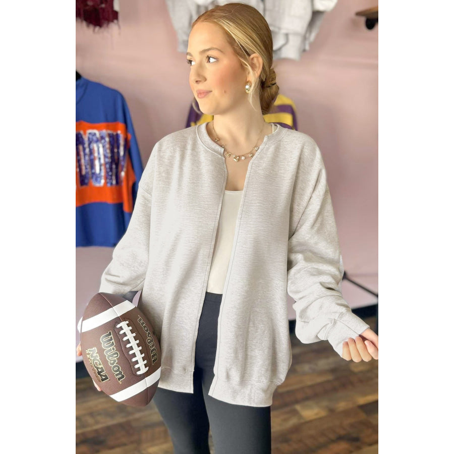 Light Grey Solid Color Zip Front Jacket Style Sweatshirt Tops/Sweatshirts & Hoodies