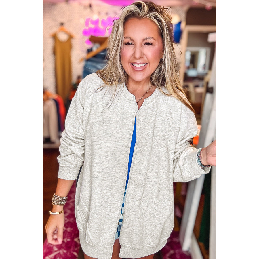 Light Grey Solid Color Zip Front Jacket Style Sweatshirt Tops/Sweatshirts & Hoodies