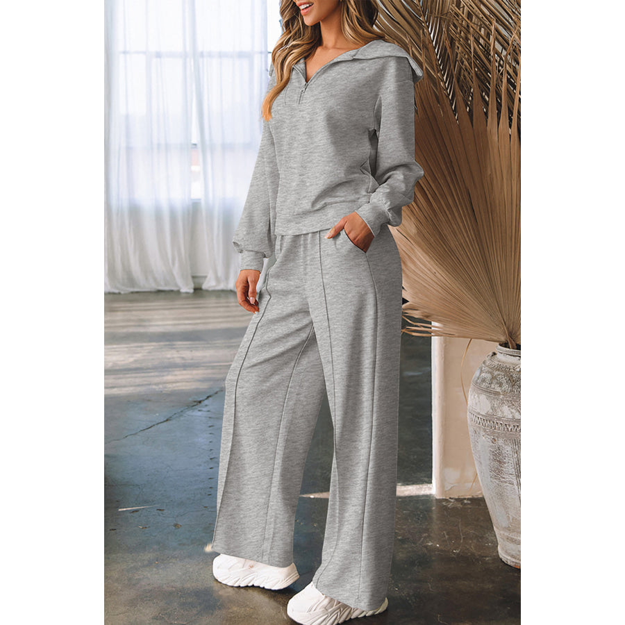 Light Grey Solid Zip Sailor Collar Pullover Athleisure Sweatpants 2pcs Set / S / 50% Polyester + 45% Viscose + 5% Elastane Two Piece