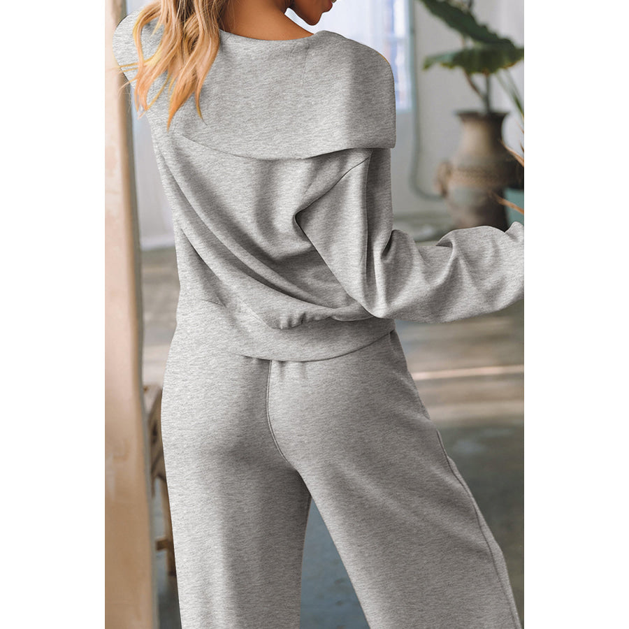 Light Grey Solid Zip Sailor Collar Pullover Athleisure Sweatpants 2pcs Set Two Piece Sets/Pant Sets