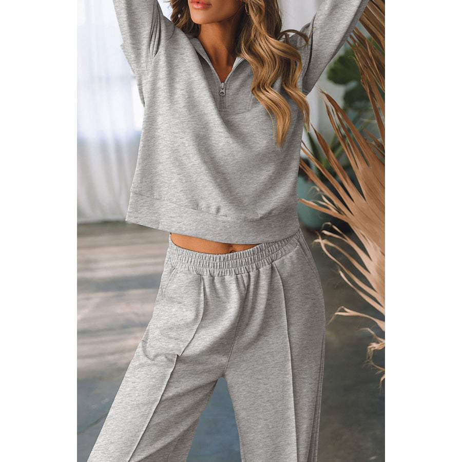 Light Grey Solid Zip Sailor Collar Pullover Athleisure Sweatpants 2pcs Set Two Piece Sets/Pant Sets