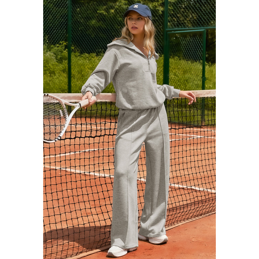 Light Grey Solid Zip Sailor Collar Pullover Athleisure Sweatpants 2pcs Set Two Piece Sets/Pant Sets