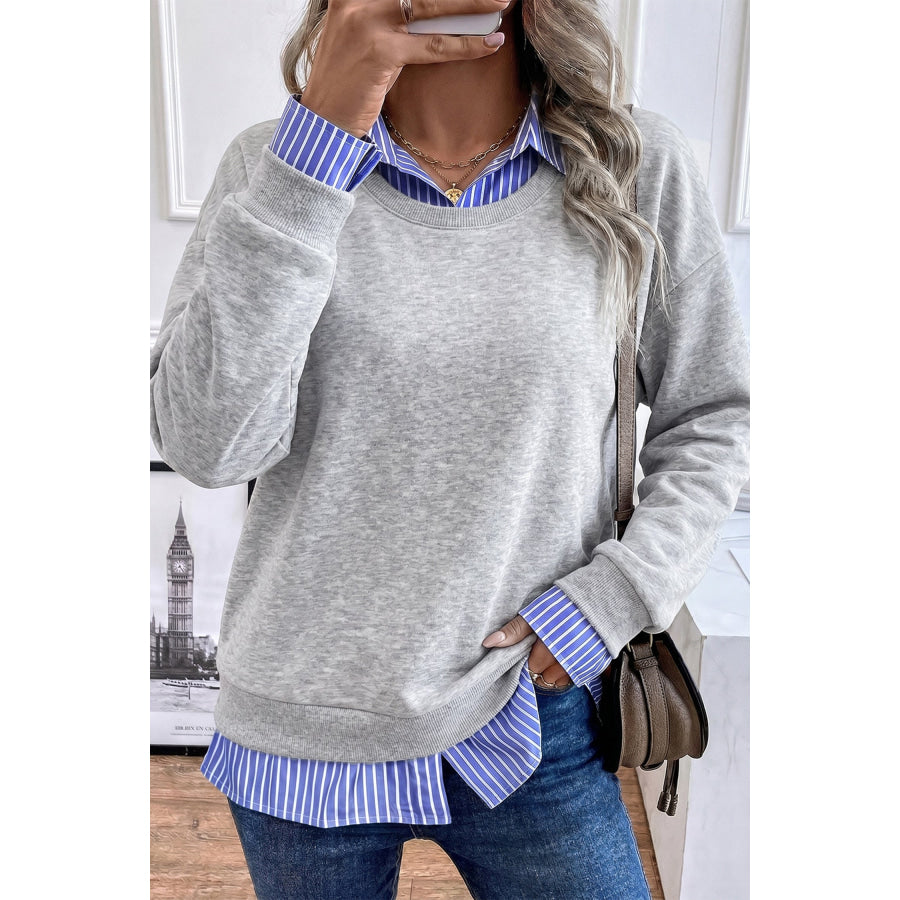 Light Grey Striped Collar 2-in-1 Patchwork Casual Loose Sweatshirt / S / 65% Polyester + 35% Cotton Tops/Sweatshirts & Hoodies