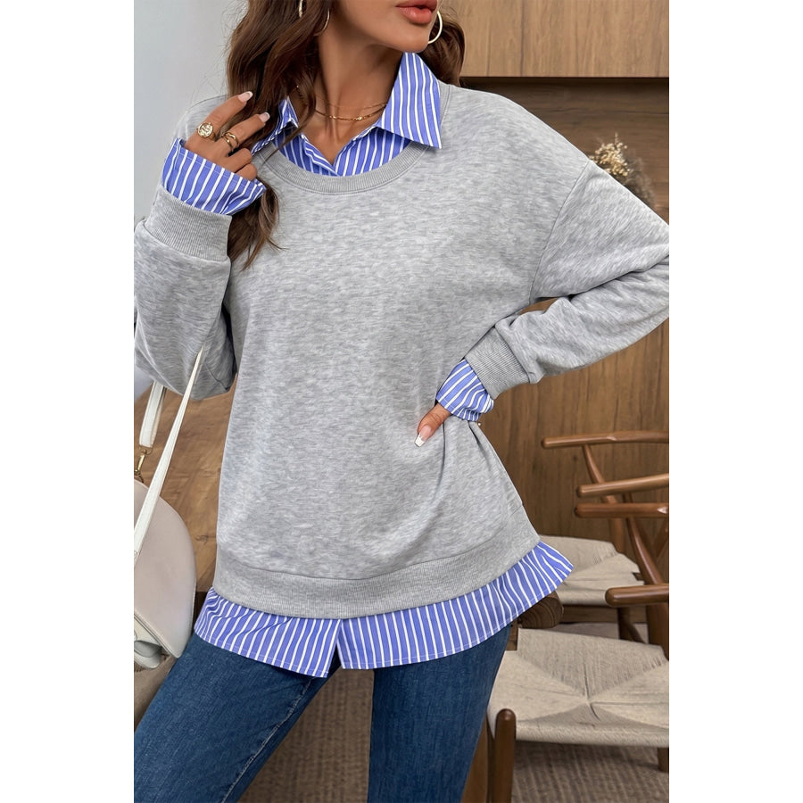 Light Grey Striped Collar 2-in-1 Patchwork Casual Loose Sweatshirt Tops/Sweatshirts & Hoodies