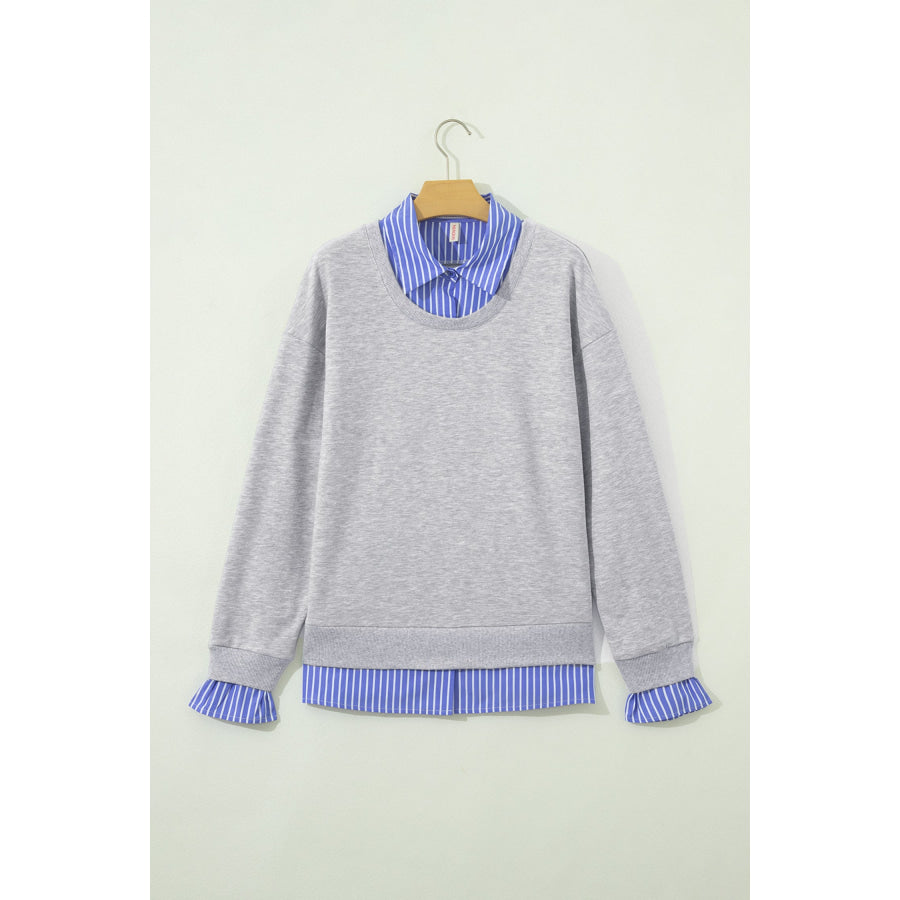 Light Grey Striped Collar 2-in-1 Patchwork Casual Loose Sweatshirt Tops/Sweatshirts & Hoodies