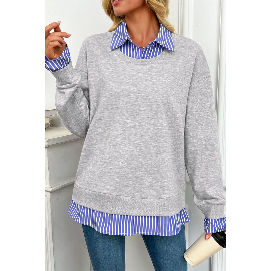 Light Grey Striped Collar 2-in-1 Patchwork Casual Loose Sweatshirt Tops/Sweatshirts & Hoodies