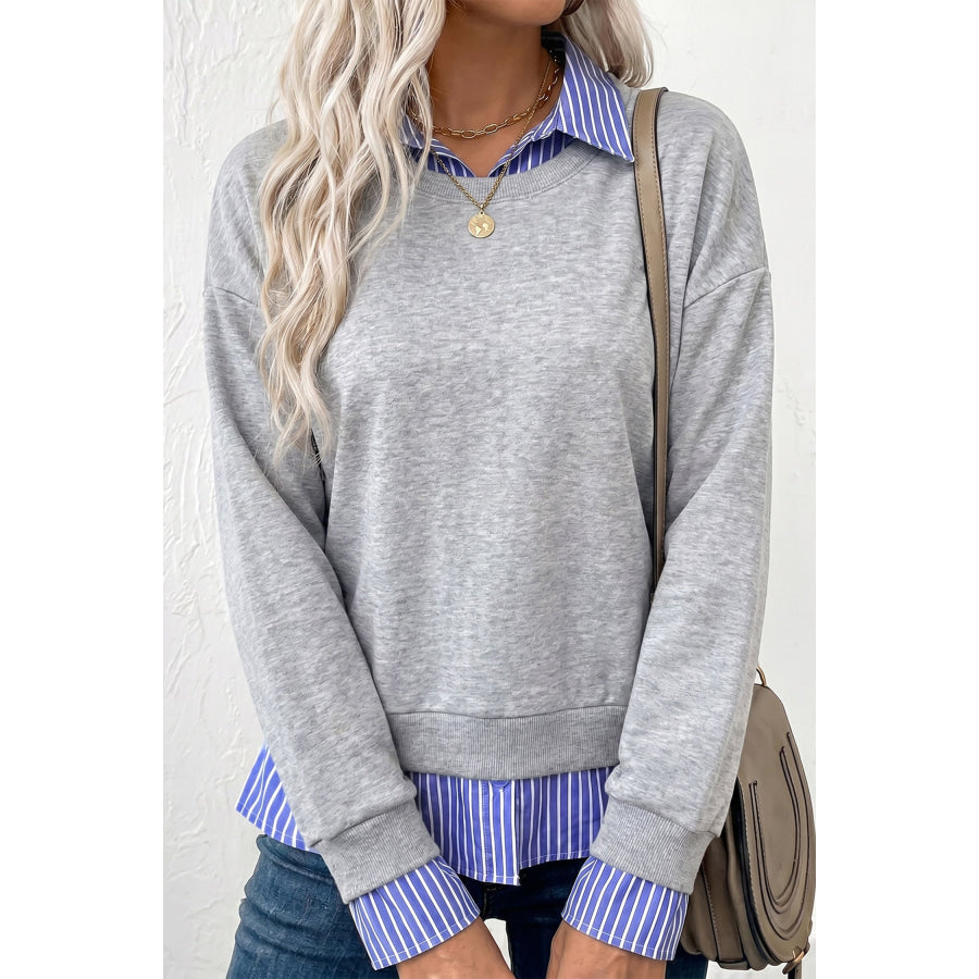 Light Grey Striped Collar 2-in-1 Patchwork Casual Loose Sweatshirt Tops/Sweatshirts & Hoodies