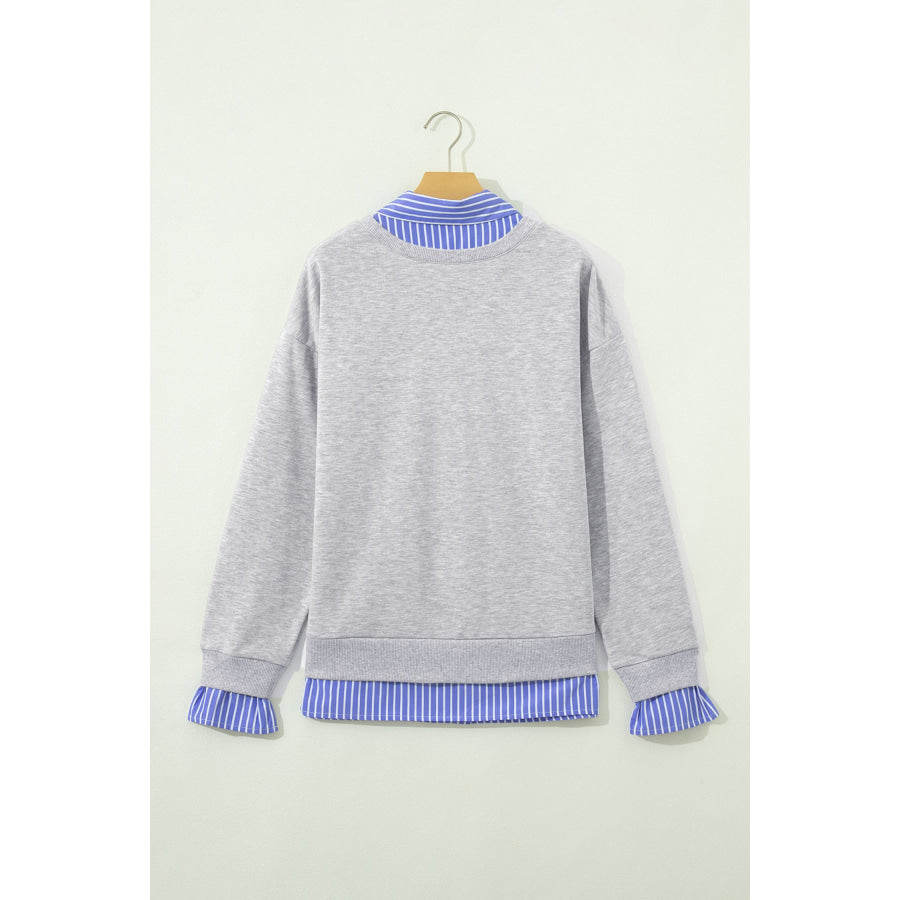 Light Grey Striped Collar 2-in-1 Patchwork Casual Loose Sweatshirt Tops/Sweatshirts & Hoodies
