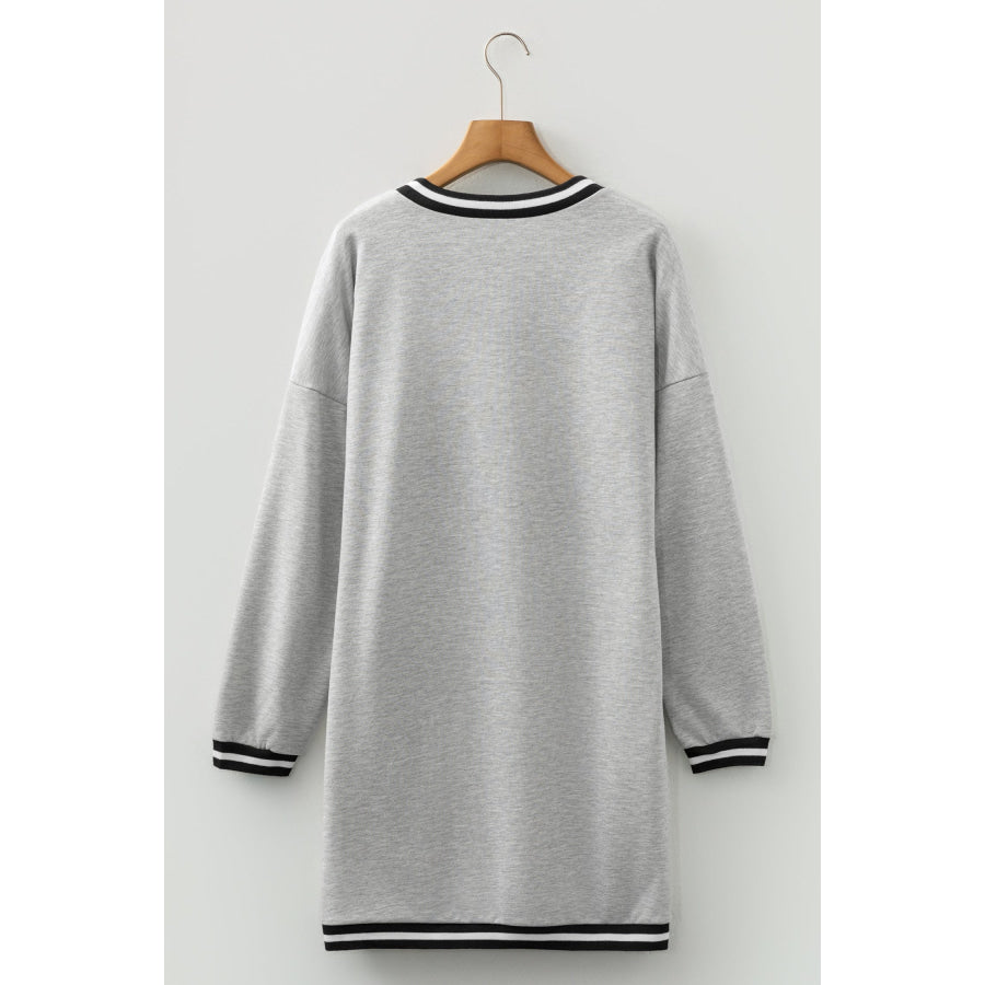Light Grey Striped Trim V Neck Long Sleeve Preppy T Shirt Dress Dresses/Mini Dresses