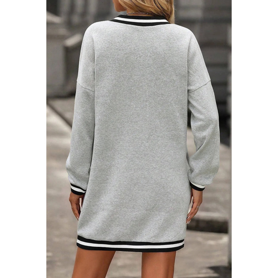 Light Grey Striped Trim V Neck Long Sleeve Preppy T Shirt Dress Dresses/Mini Dresses