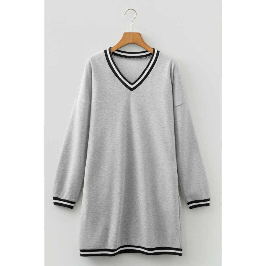 Light Grey Striped Trim V Neck Long Sleeve Preppy T Shirt Dress Dresses/Mini Dresses