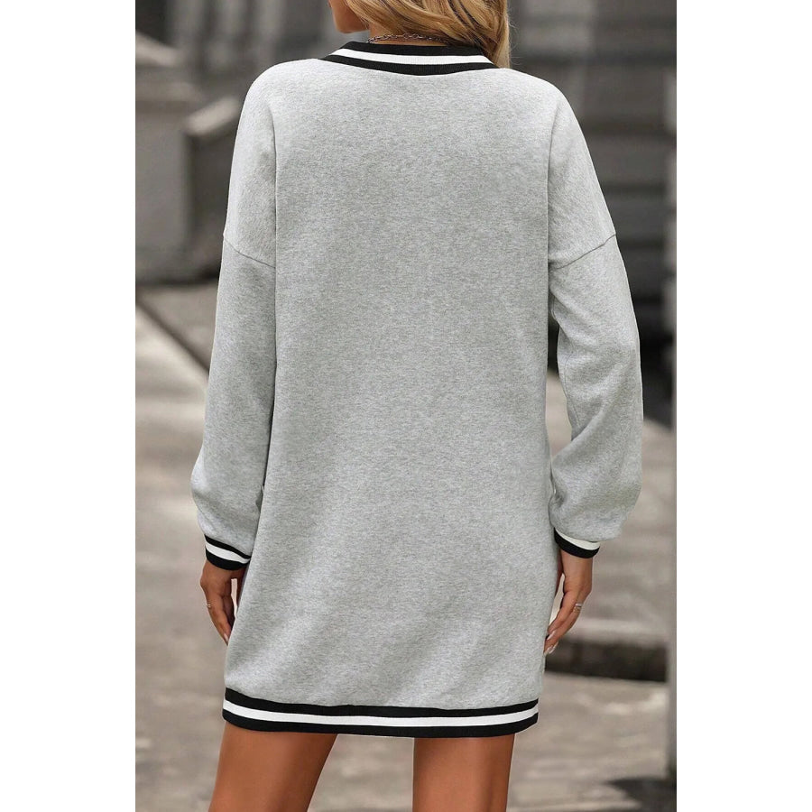 Light Grey Striped Trim V Neck Long Sleeve Preppy T Shirt Dress Dresses/Mini Dresses