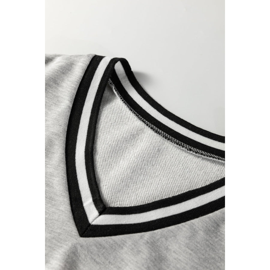 Light Grey Striped Trim V Neck Long Sleeve Preppy T Shirt Dress Dresses/Mini Dresses