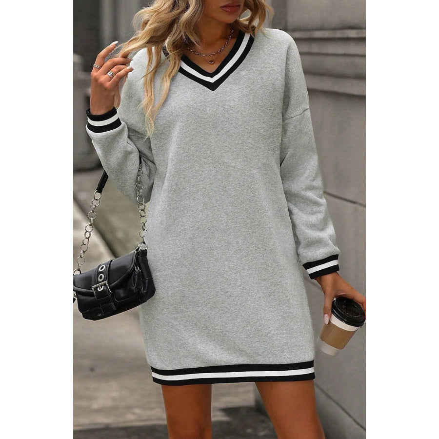 Light Grey Striped Trim V Neck Long Sleeve Preppy T Shirt Dress Dresses/Mini Dresses