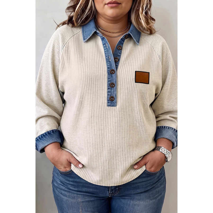 Light Grey V-Neck Long Sleeve Tunic Top with Denim Collar Cuffs Ribbed Texture Plus Size Blouse / 1X Size/Plus Tops/Plus Tops