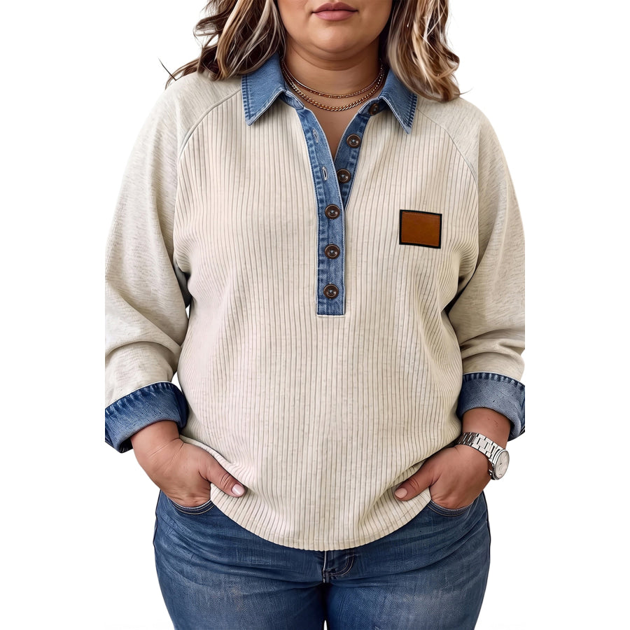Light Grey V-Neck Long Sleeve Tunic Top with Denim Collar Cuffs Ribbed Texture Plus Size Blouse Size/Plus Tops/Plus Tops